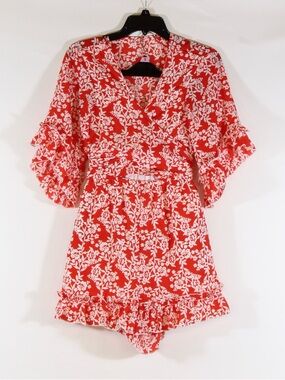 Women's Red Floral Bell Sleeve V Neck Romper